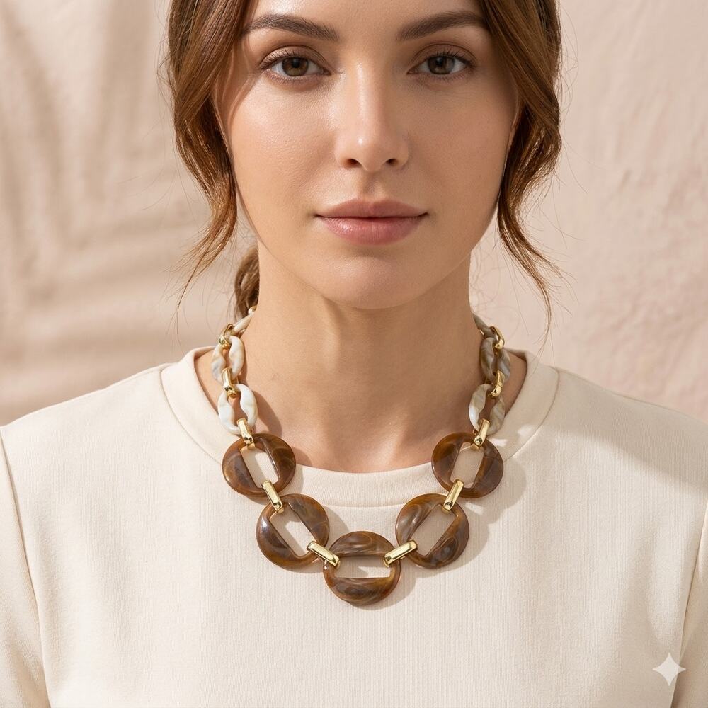 Brown Gradient Oval Acrylic Card Necklace With KC Gold Plated Alloy
